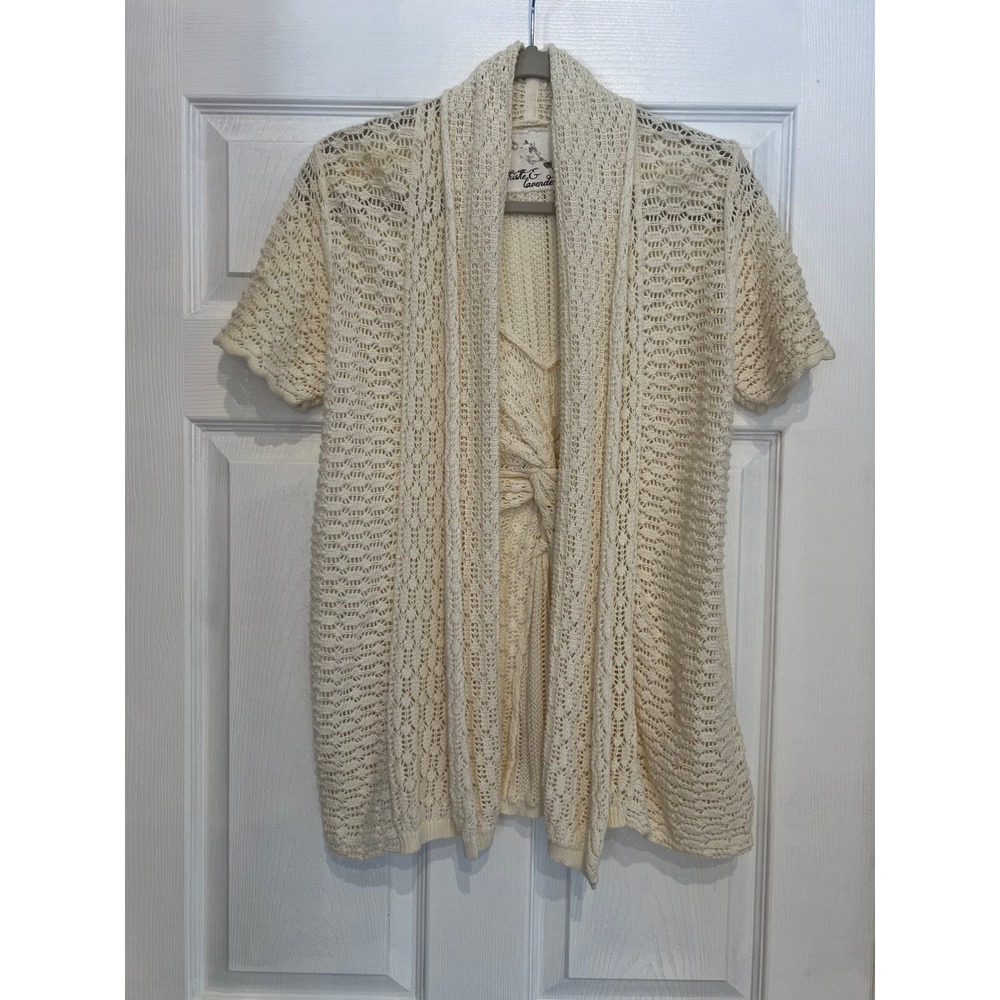Thistle & Lavender Cardigan Cream Pointelle Knit Twist Back Boho Cottagecore M